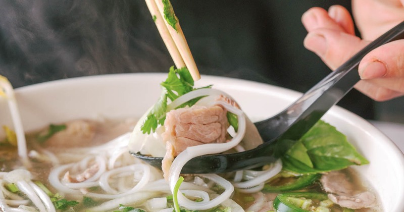 Noodle soup with Vietnamese beef meatball, rare beef, and brisket