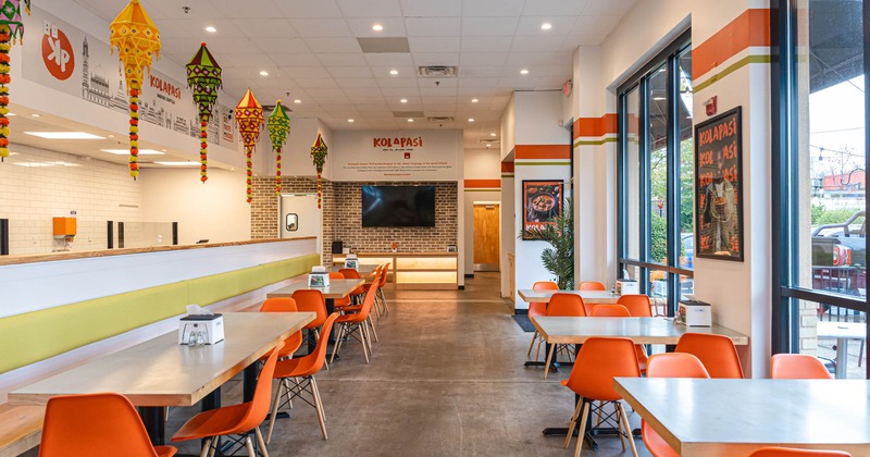 Interior, seating area with tables and chairs