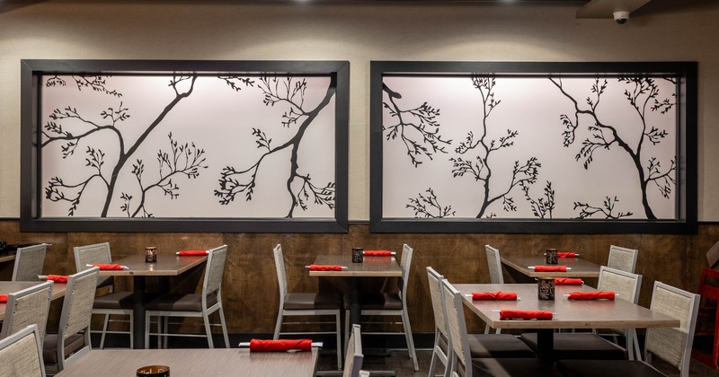 Interior, tables with chairs,  wall decoration