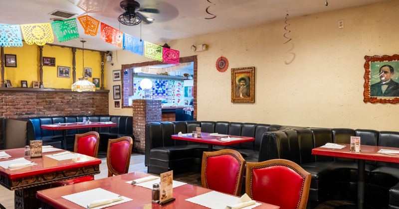 Interior, dining area, booths, regular tables for two and four people