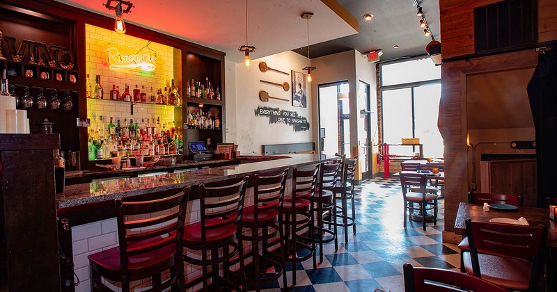 Interior, bar area and bar stools