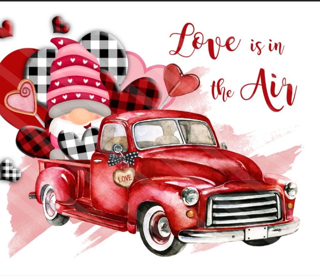 old red ford truck all decorated for Valentines Day