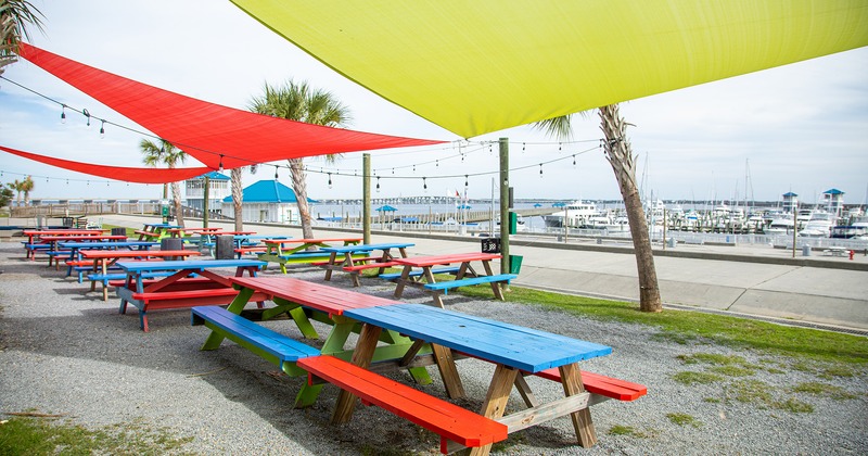 Exterior, seating area, wooden picnic tables