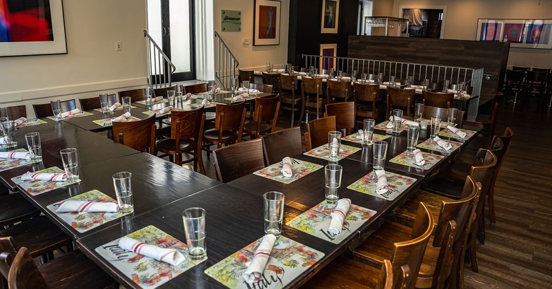 Interior, room for private events with set tables