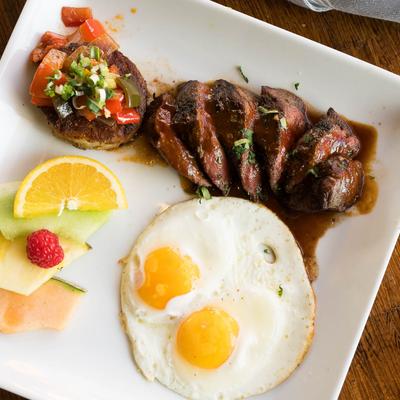 Kobe flat iron steak and eggs.