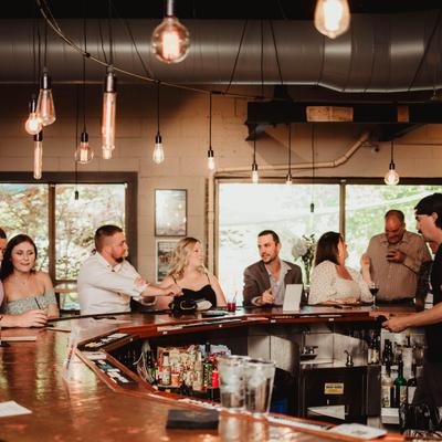 Tasting Room, large copper-topped bar.