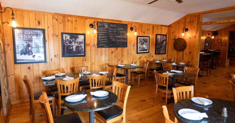 Dining space, tables ready for guests