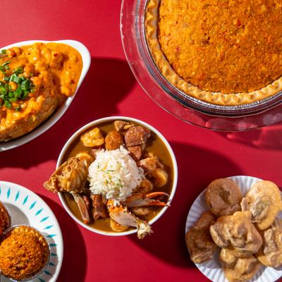 Seafood gumbo, pecan pralines, loaded baked potato, and crawfish pies.