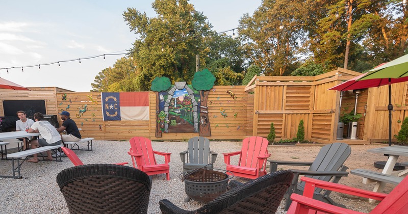 Fire pit in the yard and chairs around
