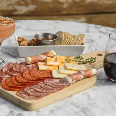 Charcuterie board and wine.