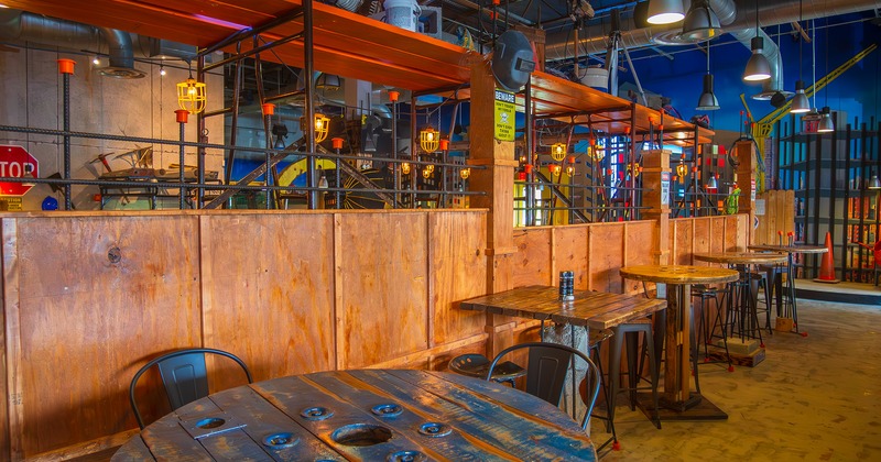 Interior space, seating area, tall tables and stools