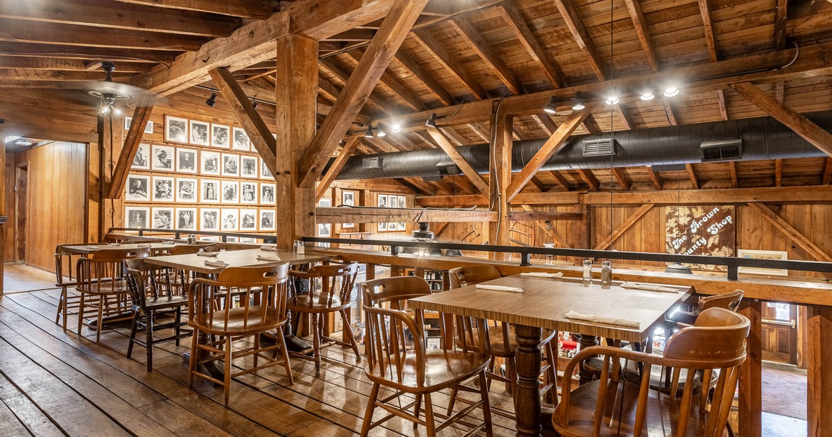 Interior, upstairs dining area, wooden tables and chairs, wood coated walls and floors