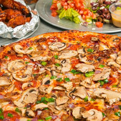 Supreme Pizza, with tomato sauce, mozzarella, sausage, mushrooms, peppers, and onion.