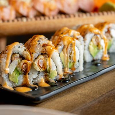 Aloha Roll with tempura shrimp, avocado, and cream cheese.