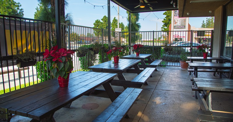 Outdoor patio with wooden picnic tables and red poinsettias.