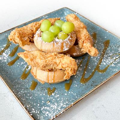 A dish of chicken and waffles.
