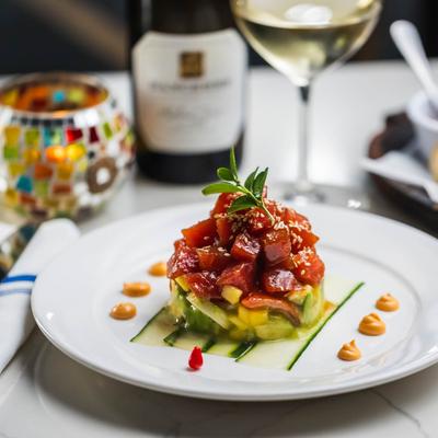 Tuna tartare, served, front view.