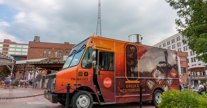 Food truck with signage and social media handles