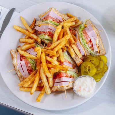 Baked Ham & American Cheese Club with fries.