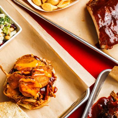 Assorted food plates, top down view.