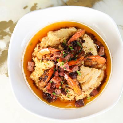 Cajun shrimp and grits with Portuguese sausage
