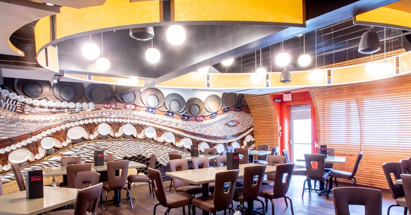 Interior, tables and seats, wall art