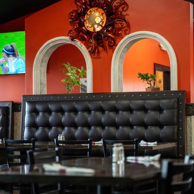 Interior, booths, table.