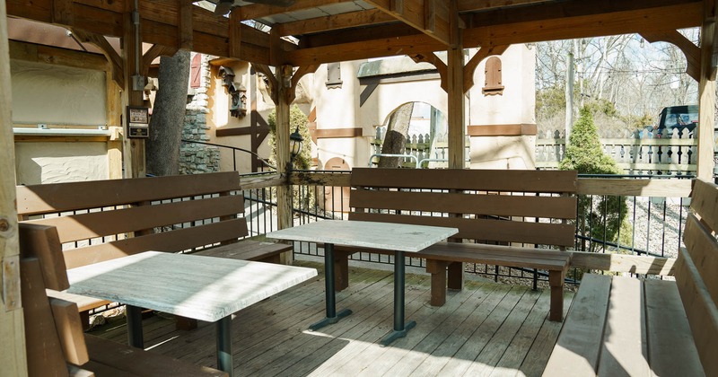 Covered patio with tables and benches