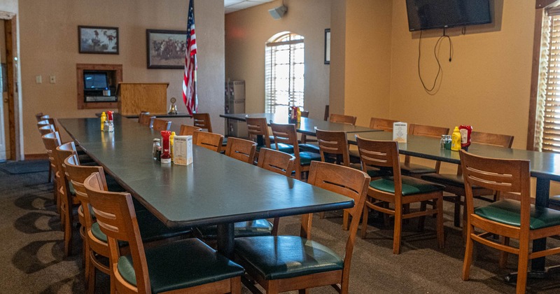 Dining area, long tables for multiple people