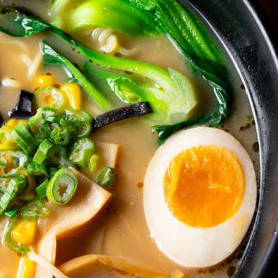 Ramen, top view, close up.