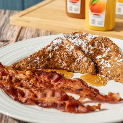 French Toast, maple syrup, and bacon.