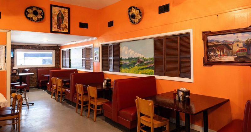 Interior, dining area, lined up upholstered booths