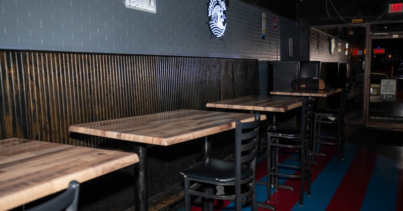 Interior, tables and stools all lined up