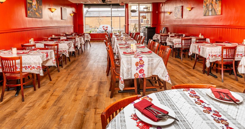 Interior dining area, tables for multiple people