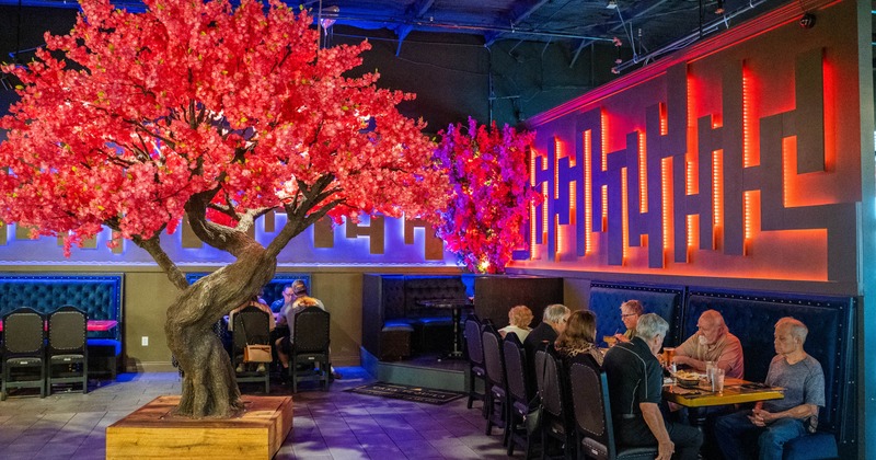 Interior with artificial cherry blossom tree, neon lighting and people seated at tables