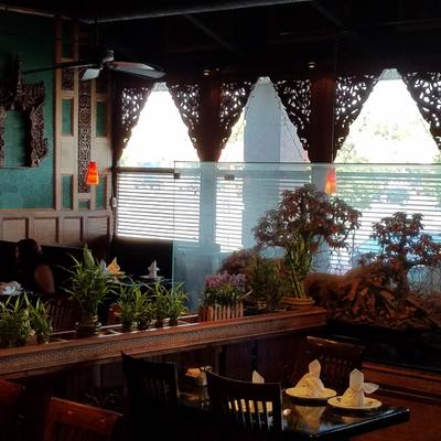 Interior, wooden carving ornaments on the walls, plant and flower pots, elephant herd carving.