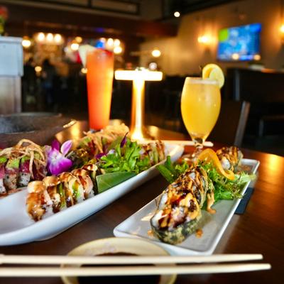 Sushi rolls and drinks.