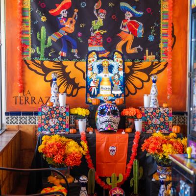 Interior day of the dead themed decorations.