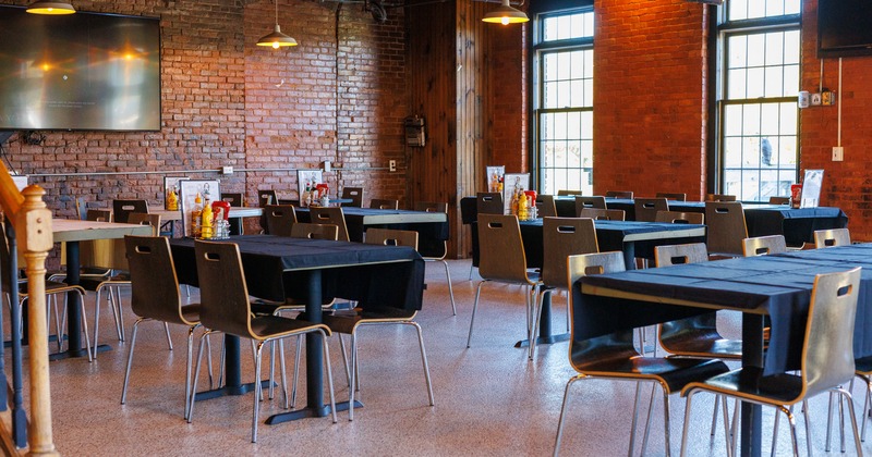 Interior, diner area, tables and chairs