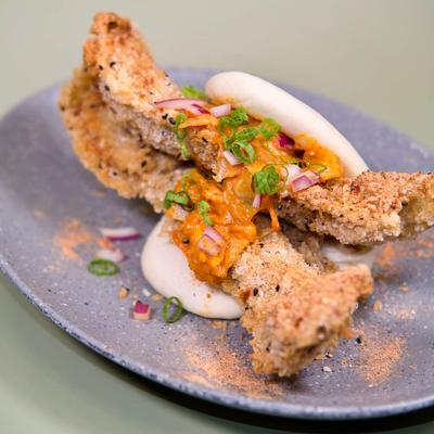 Crispy chicken burger with Taiwanese style golden cabbage kimchi.