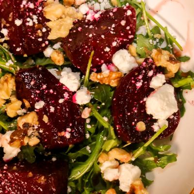 Roasted beets with goat cheese & red wine vinaigrette.