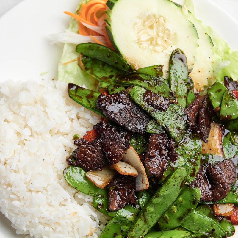 Rice with Snow Peas and Filet Mignon photo