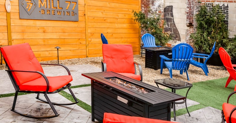Outdoor lounging area, rocking chairs and fire pits