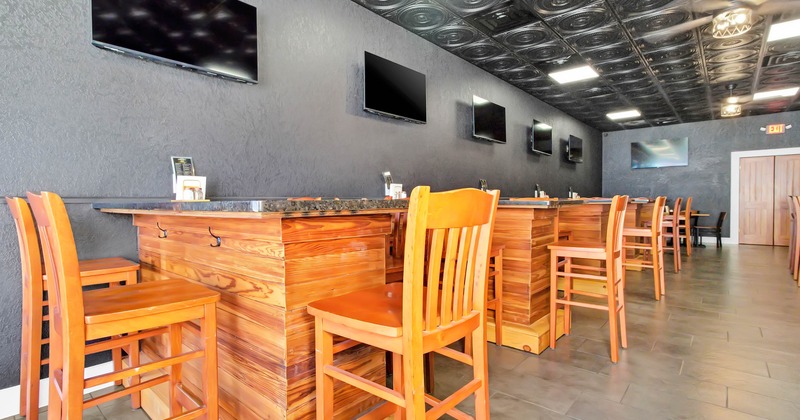 Interior, high tables and chairs