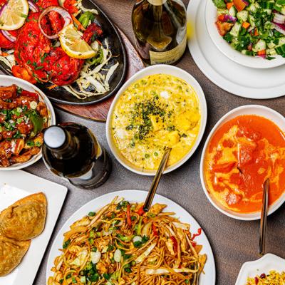Assorted food and wine.