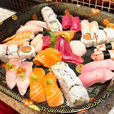 Assorted sushi and sashimi platter.