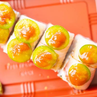 Yellowtail sushi rolls, with jalapenos and ponzu sauce.