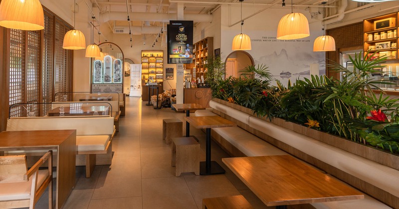 Interior, tables and chairs in seating area