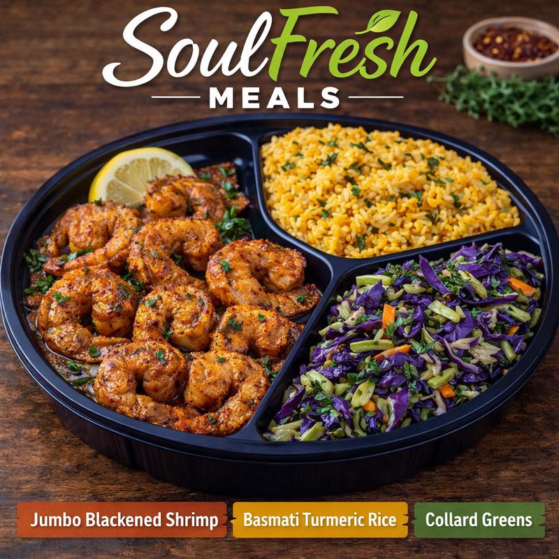 menu item 25 of 43, Jumbo Blackened Shrimp | Basmati Turmeric Rice | Collard Greens