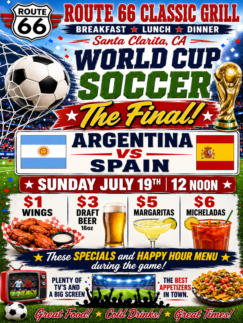 World Cup Soccer Final July 19th at 12 noon. Food and Drink specials during the game at Route 66 Classic Grill